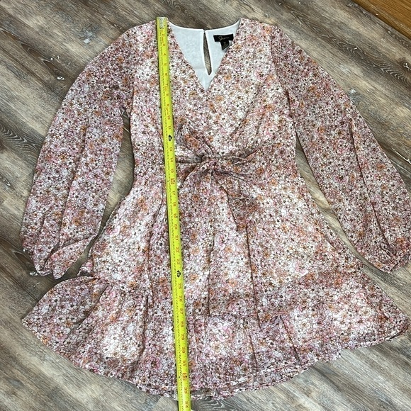 Japna Floral Faux Wrap Chiffon Dress Womens Size Medium Tiered Long Sleeves Pink - Picture 14 of 16